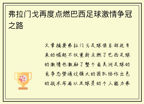 弗拉门戈再度点燃巴西足球激情争冠之路