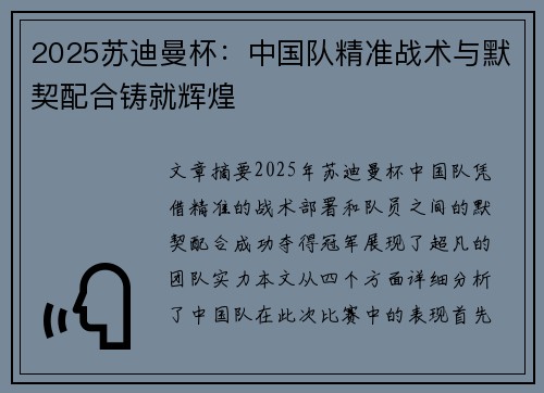 2025苏迪曼杯：中国队精准战术与默契配合铸就辉煌