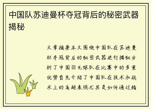 中国队苏迪曼杯夺冠背后的秘密武器揭秘