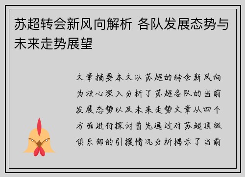 苏超转会新风向解析 各队发展态势与未来走势展望